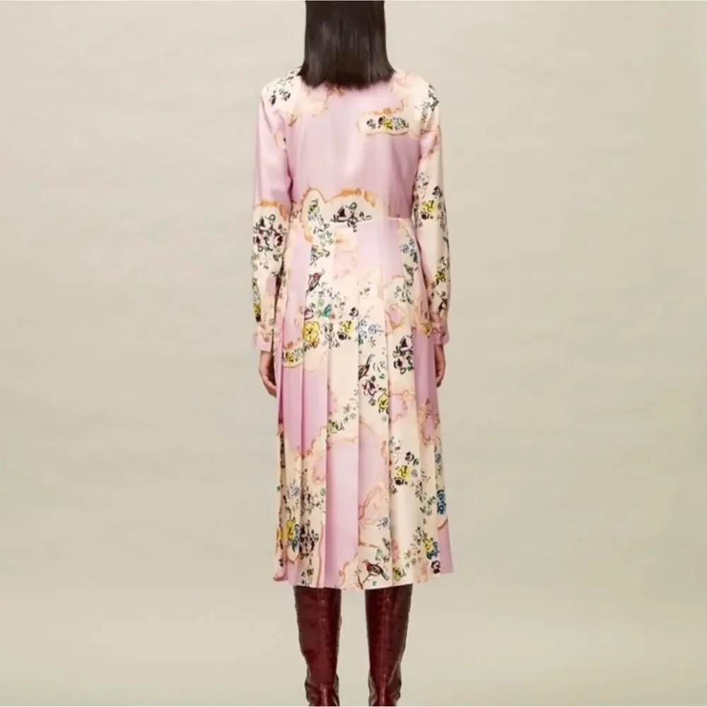 Tory Burch 10 Floral Print Tie Neck Silk Dress in Pink